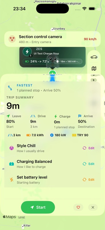 Route results with charging details in Orontes Drive