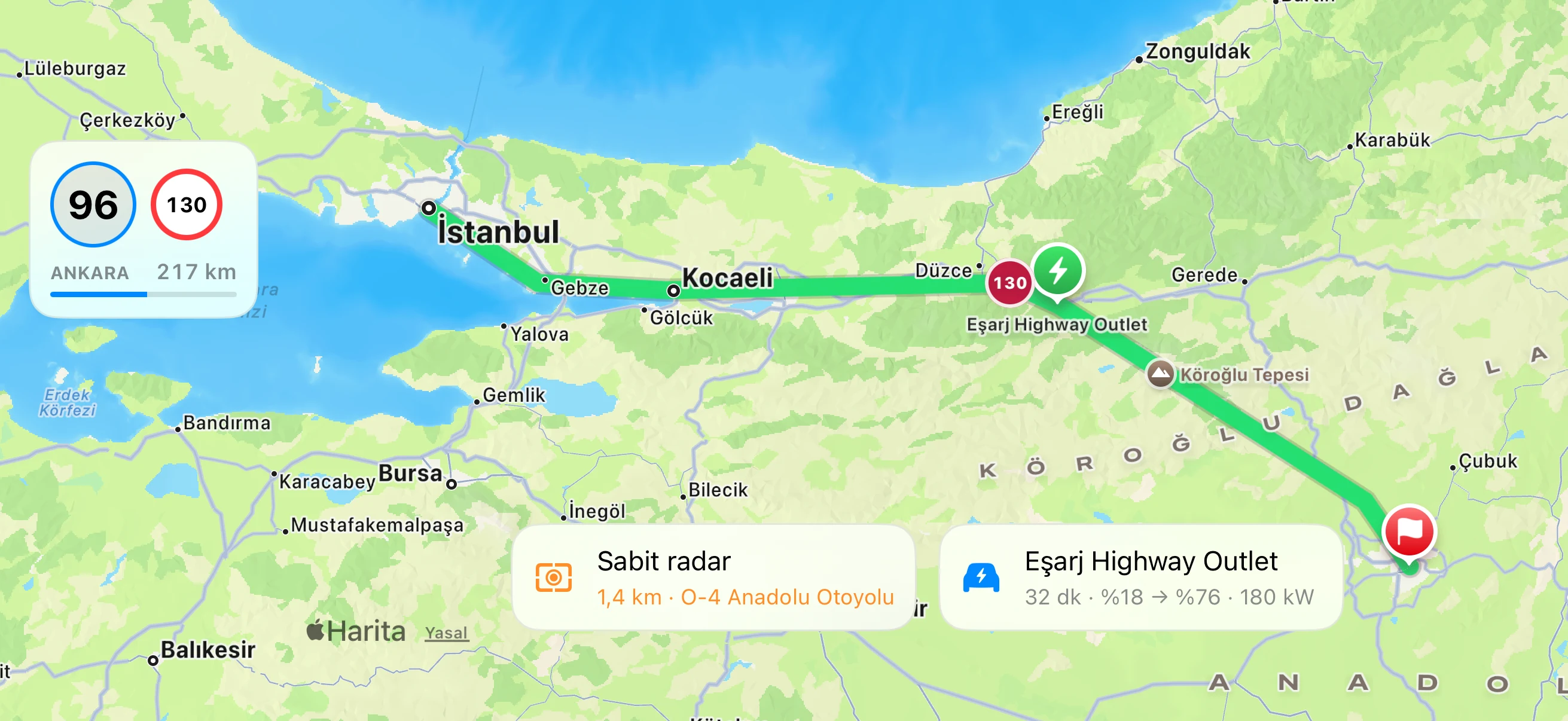 Rotanızı, radar noktalarını ve planlanan şarj duraklarını araç ekranında görün.