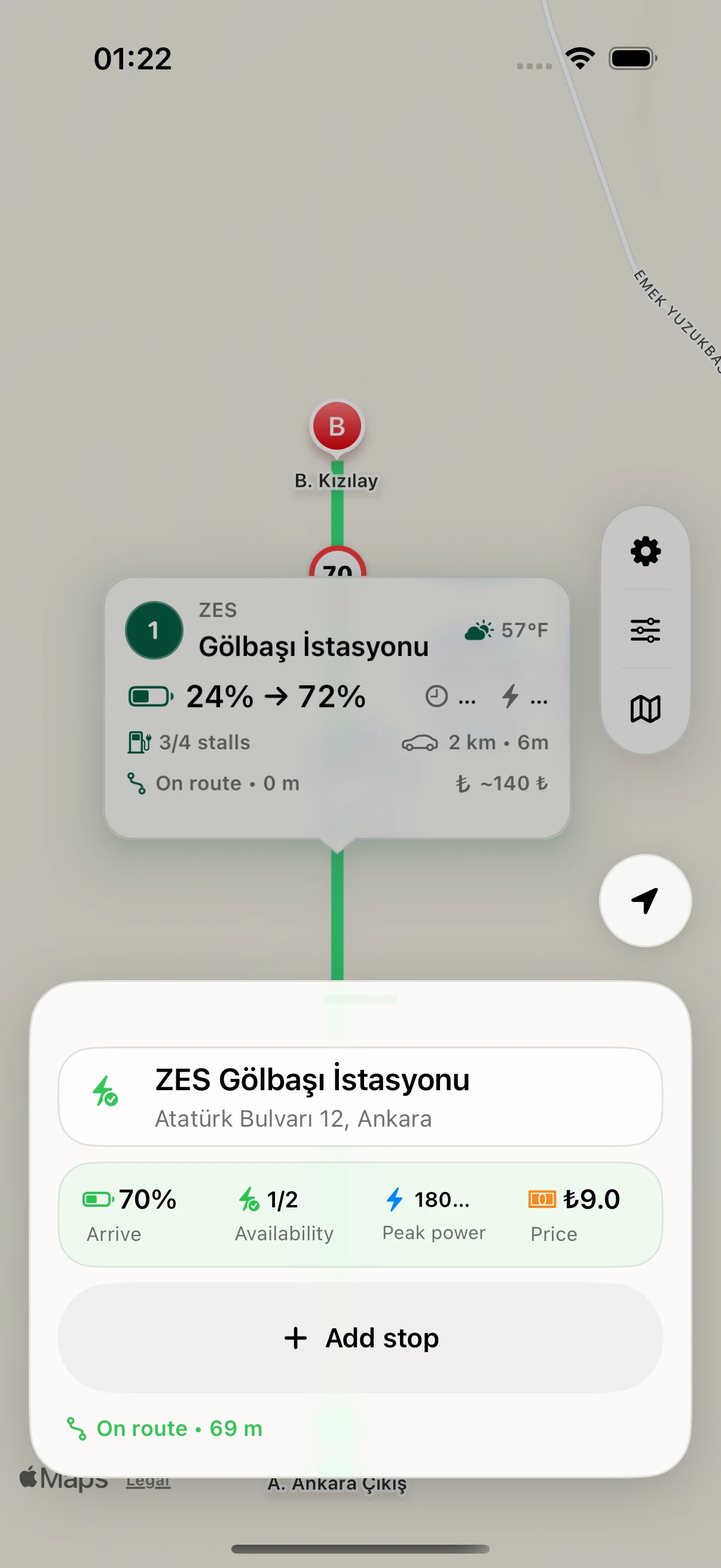 Charging stop on an EV route with arrival battery and route-fit information