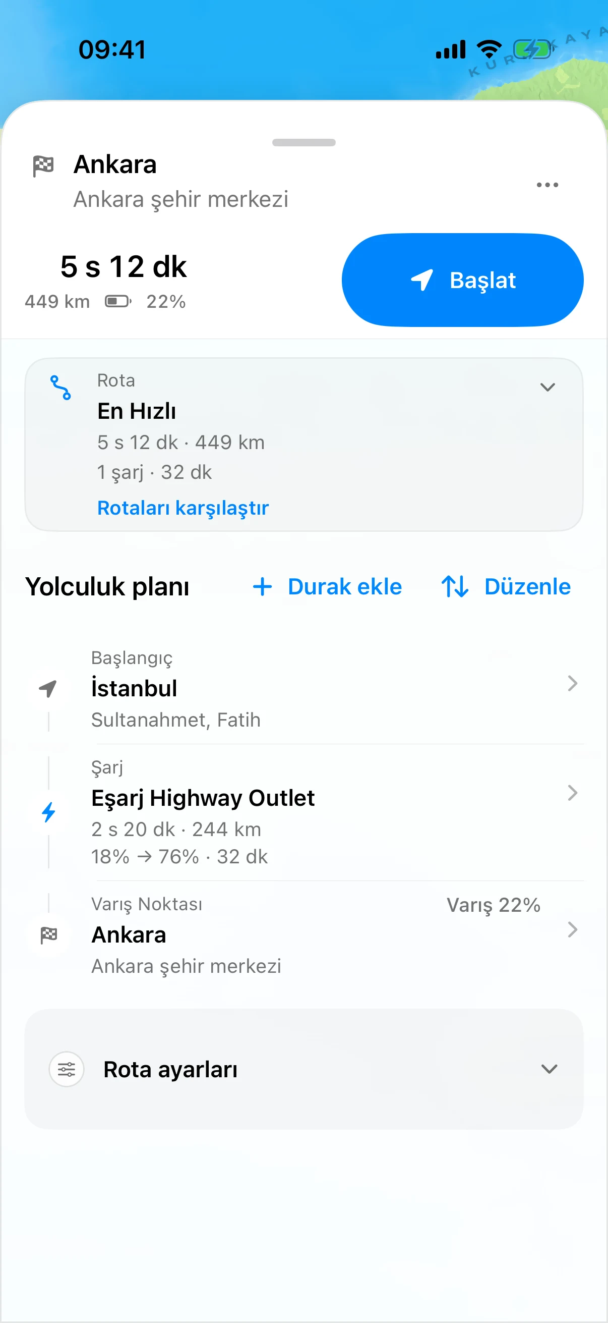 İstanbul–Ankara rotası ve planlanan şarj molası