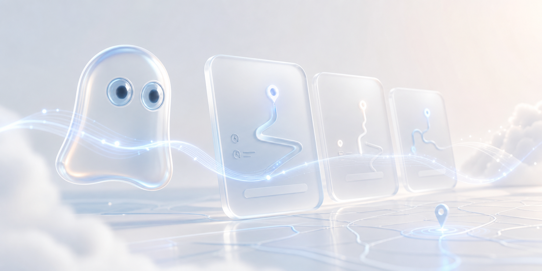 Ghost floating beside route cards and light trails to represent route guidance and charger decisions.
