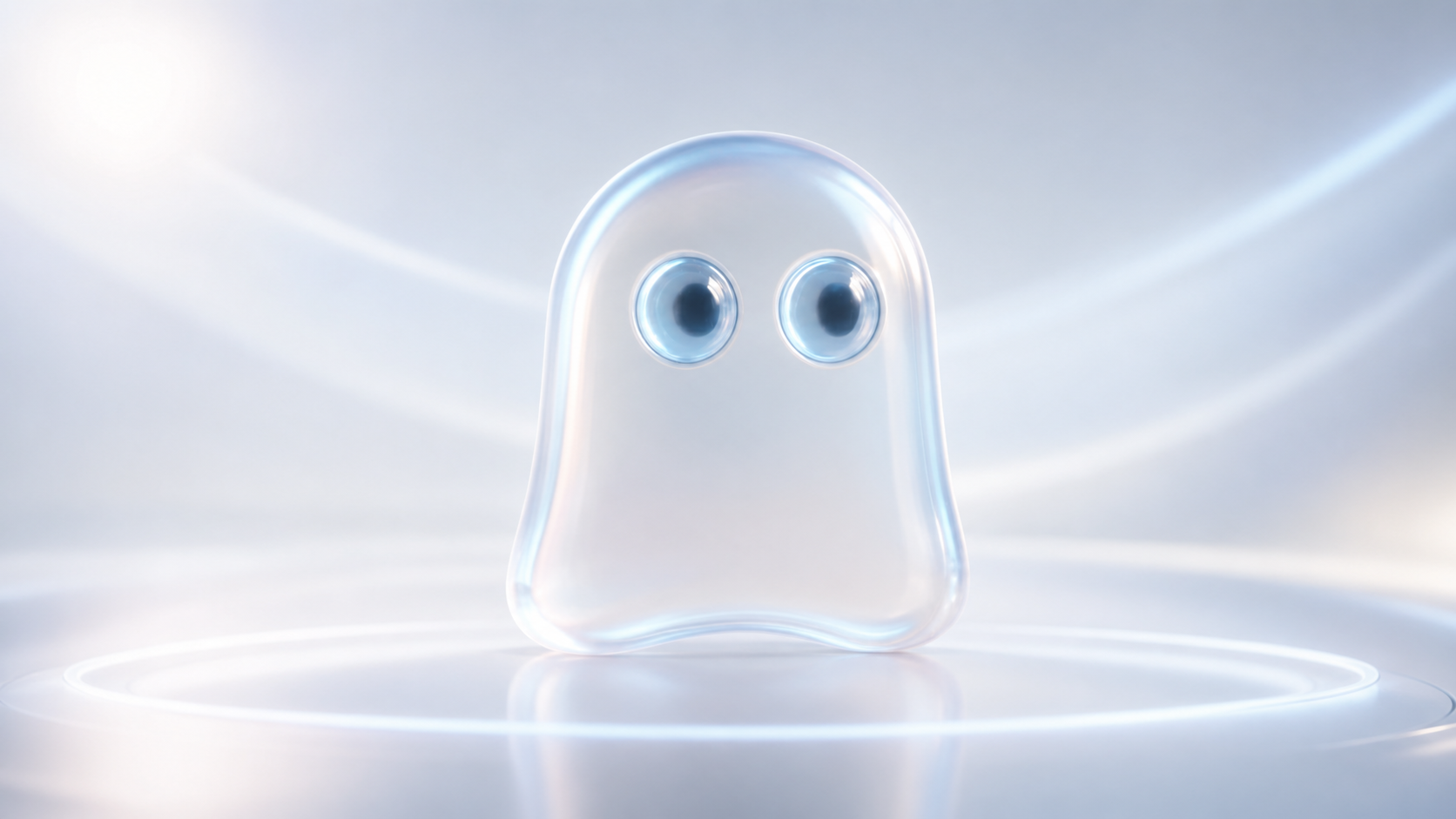Ghost as a translucent liquid-glass copilot character floating in a light editorial scene.