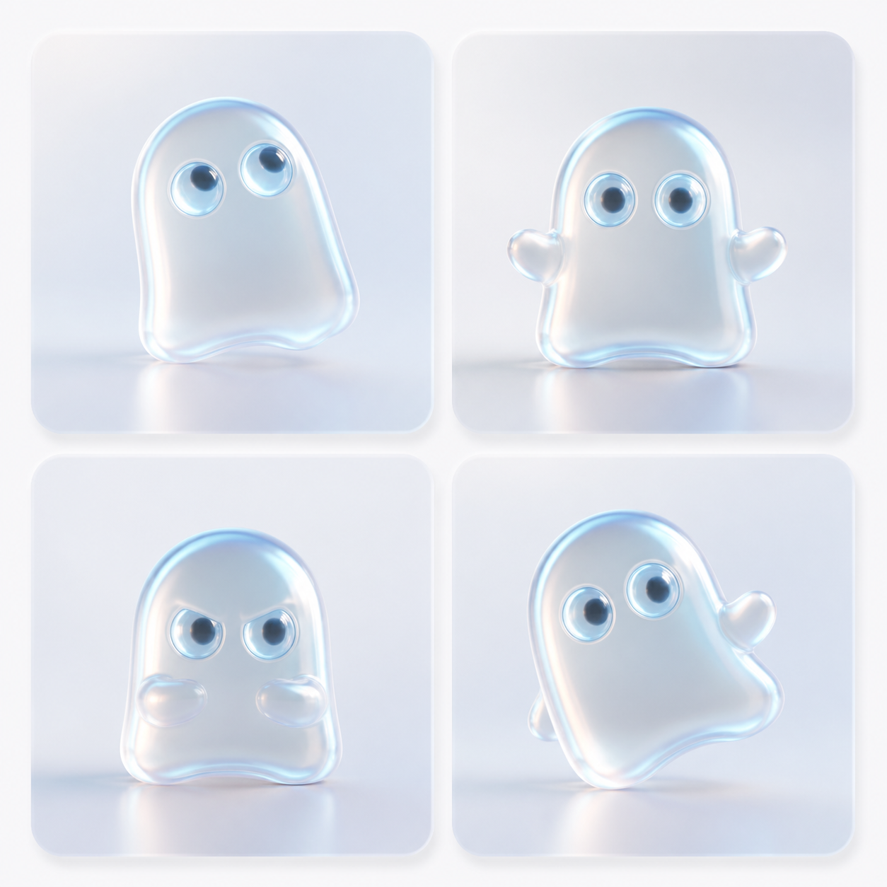 Four light-theme Ghost expressions showing curious, reassuring, focused, and playful assistant moods.