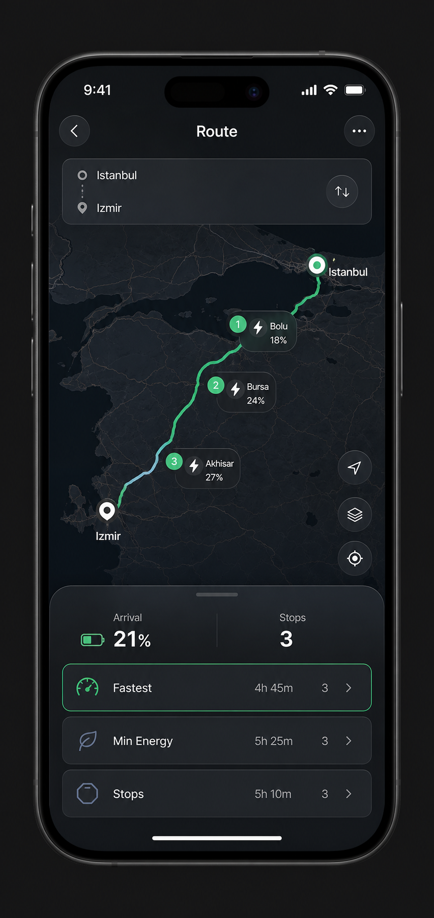 Orontes Drive route planning screenshot with charging stops and arrival battery.