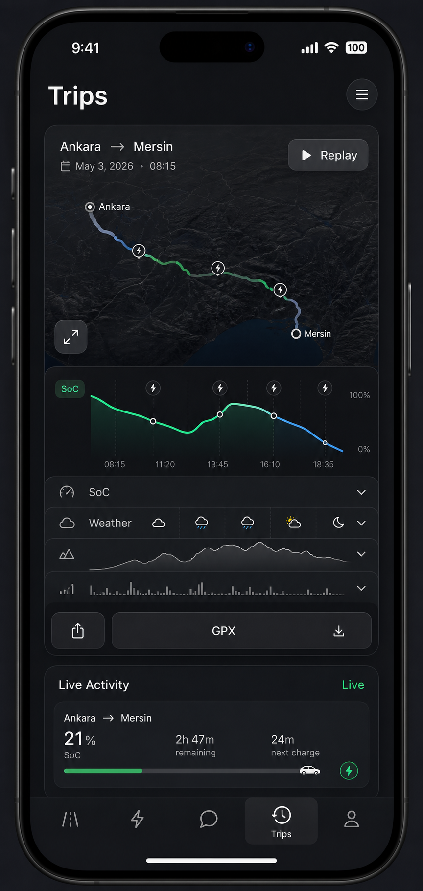 Orontes Drive trip replay screenshot with GPX and Live Activity context.